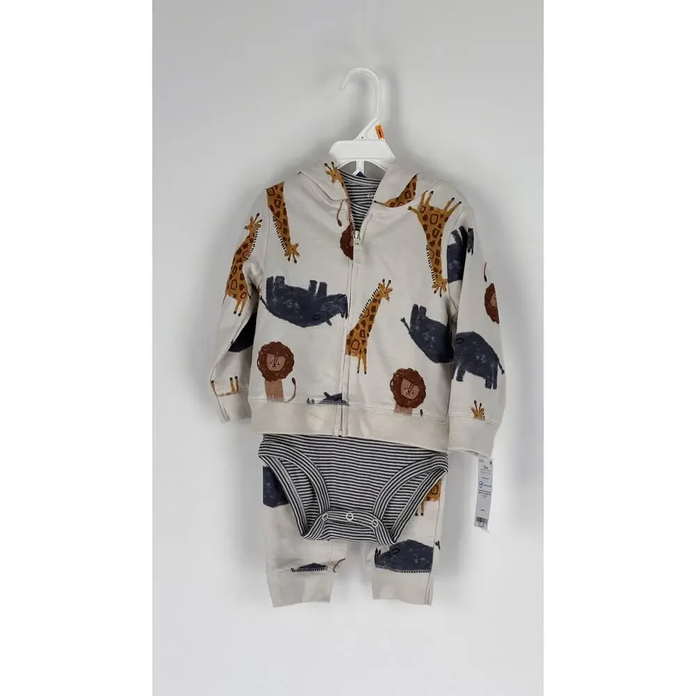 Carter's Baby 12M 3PC Safari Animal Hoodie Bodysuit Pants Set Lion Giraffe NEW